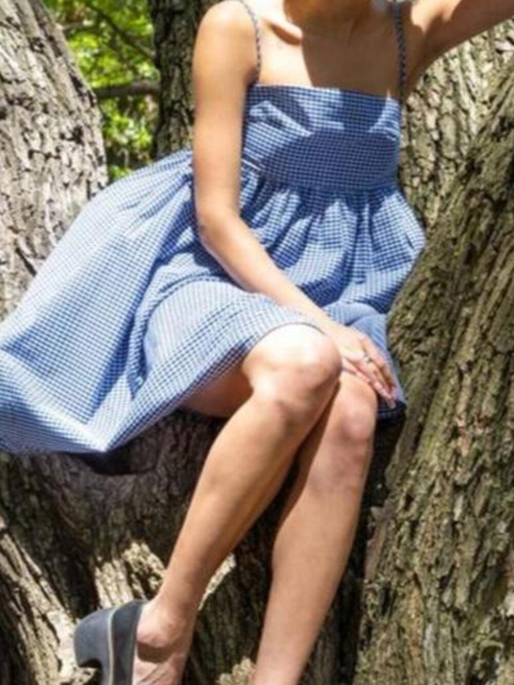 Toit Volant Blue Gingham Asteria square neck strappy dress, size XS/S